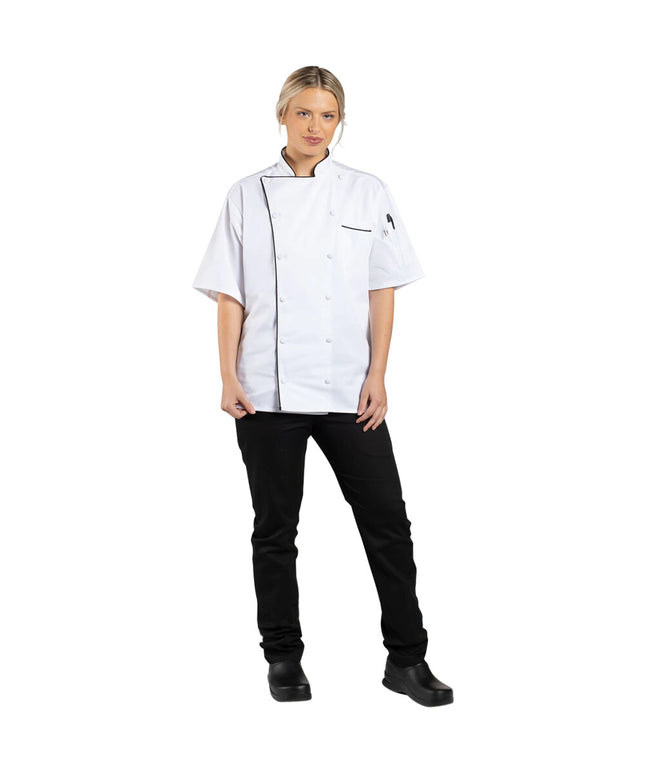 Áo bếp tay ngắn Uncommon Chef Montebello 0431 unisex màu trắng viền đen tùy chỉnh - 2XL
