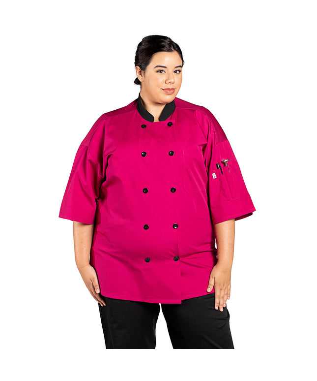 Áo bếp Uncommon Chef Havana unisex Berry tùy chỉnh tay ngắn với lưng lưới 0494 - 2X