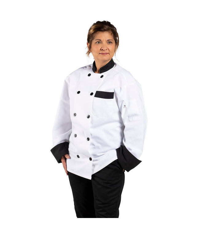 Áo bếp trưởng tay dài Uncommon Chef Newport unisex màu trắng viền đen 0404 - 2XL