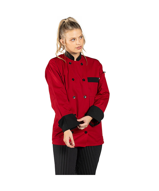 Áo bếp unisex tay dài tùy chỉnh màu đỏ viền đen Uncommon Chef Newport 0404 - 2X