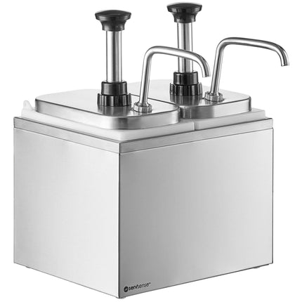 Bình phân phối gia vị ServSense thép không gỉ 2 ngăn 1,9 lít, 2 vòi bơm inox điều chỉnh định lượng