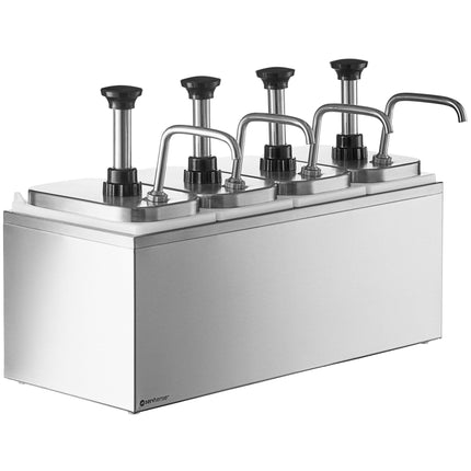 Bình phân phối gia vị ServSense thép không gỉ 4 ngăn 1,9 lít, 4 vòi bơm inox điều chỉnh định lượng