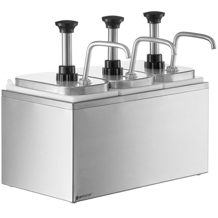 Bình phân phối gia vị ServSense thép không gỉ 3 ngăn 1,9 lít, 3 vòi bơm inox điều chỉnh định lượng