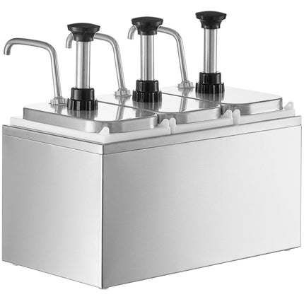 Bình phân phối gia vị ServSense thép không gỉ 3 ngăn 1,9 lít, 3 vòi bơm inox điều chỉnh định lượng