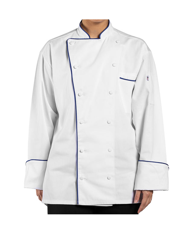 Áo bếp unisex tay dài tùy chỉnh màu trắng viền xanh coban Uncommon Chef Murano 0432 - 2XL
