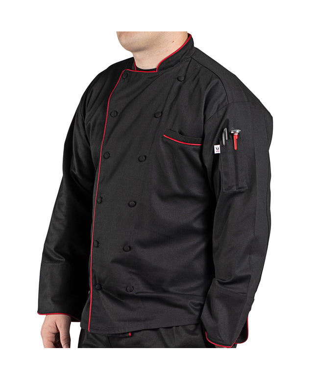 Áo bếp tay dài cao cấp viền chỉ đỏ Uncommon Chef Murano 0432 unisex - Màu đen, Size 2XL