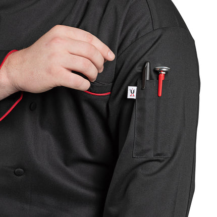 Áo bếp tay dài cao cấp viền chỉ đỏ Uncommon Chef Murano 0432 unisex - Màu đen, Size 2XL