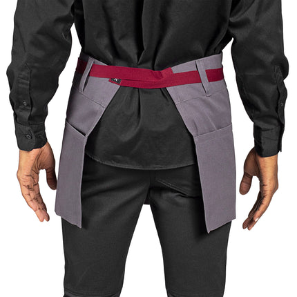 Tạp dề nửa thân vải poly-cotton có thể tùy chỉnh Uncommon Chef 3103 Beltway xám đá, dây viền đỏ mận và 3 túi