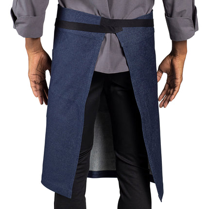 Tạp dề bistro vải denim 100% cotton có thể tùy chỉnh Uncommon Chef 3107 Underground xanh indigo, dây viền đen và 3 túi