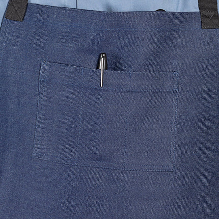 Tạp dề yếm vải denim 100% cotton có thể tùy chỉnh Uncommon Chef 3108 Radical xanh indigo, dây viền đen và 3 túi