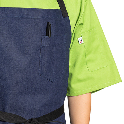 Tạp dề yếm vải denim 100% cotton có thể tùy chỉnh Uncommon Chef 3104 Rebel xanh indigo, dây viền đen và 3 túi
