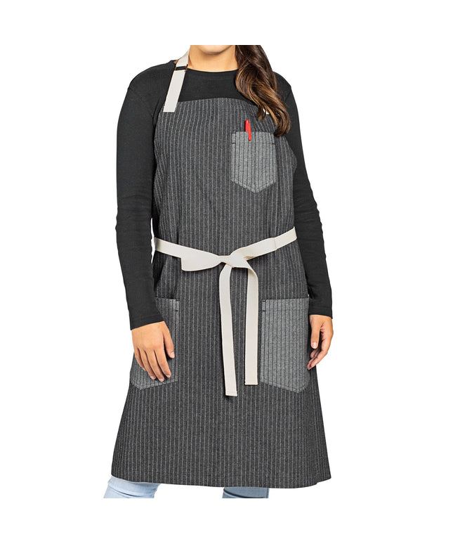 Tạp dề yếm vải denim 100% cotton có thể tùy chỉnh Uncommon Chef 3104 Rebel sọc nhỏ, dây viền tự nhiên và 3 túi