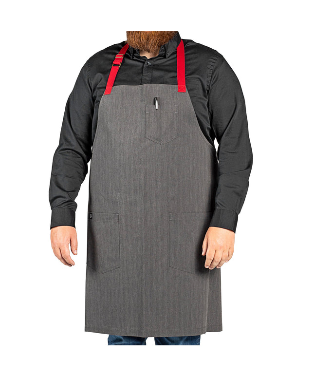 Tạp dề yếm vải twill poly-cotton có thể tùy chỉnh Uncommon Chef 3104 Rebel twill vỡ cổ điển, dây viền đỏ và 3 túi