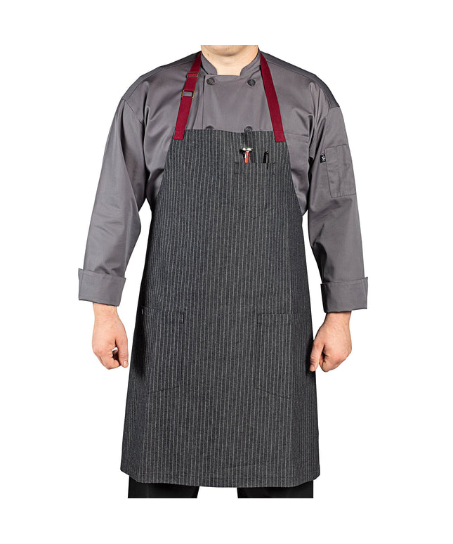 Tạp dề yếm vải denim 100% cotton có thể tùy chỉnh Uncommon Chef 3104 Rebel sọc nhỏ, dây viền đỏ mận và 3 túi
