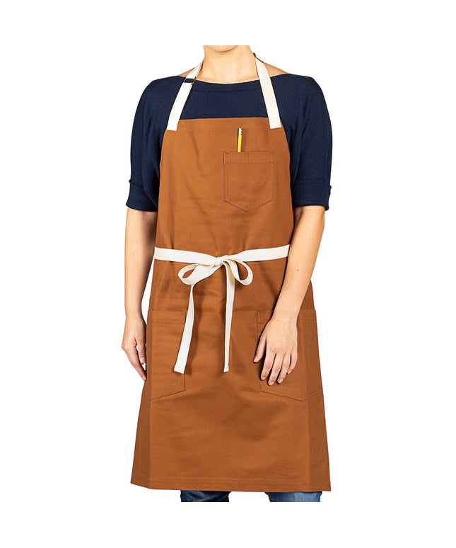 Tạp dề yếm vải canvas 100% cotton có thể tùy chỉnh Uncommon Chef 3115 Vibe nâu óc chó, dây viền tự nhiên và 3 túi