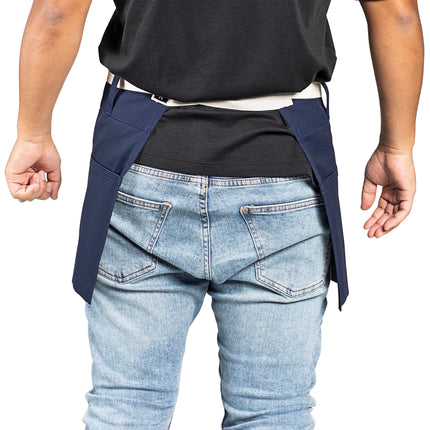 Tạp dề nửa thân vải poly-cotton có thể tùy chỉnh Uncommon Chef 3103 Beltway xanh navy, dây viền tự nhiên và 3 túi