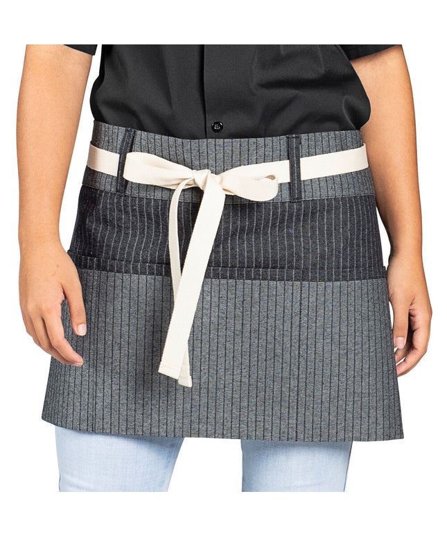 Tạp dề nửa thân vải denim 100% cotton có thể tùy chỉnh Uncommon Chef 3103 Beltway sọc nhỏ, dây viền tự nhiên và 3 túi