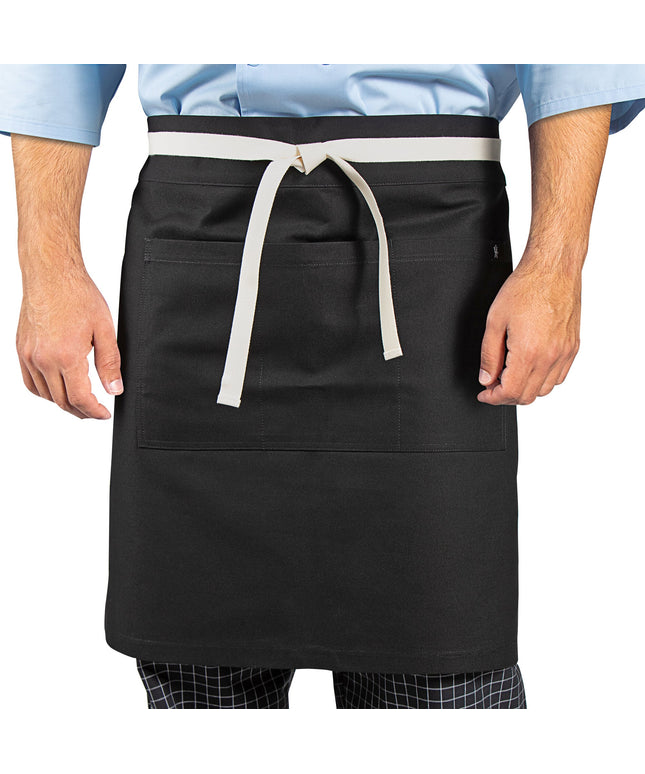 Tạp dề nửa thân vải canvas 100% cotton có thể tùy chỉnh Uncommon Chef 3117 Moxie đen, dây viền tự nhiên và 3 túi