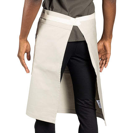 Tạp dề nửa thân vải canvas 100% cotton có thể tùy chỉnh Uncommon Chef 3117 Moxie be cát, dây viền tự nhiên và 3 túi