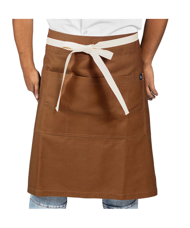 Tạp dề nửa thân vải canvas 100% cotton có thể tùy chỉnh Uncommon Chef 3117 Moxie nâu óc chó, dây viền tự nhiên và 3 túi