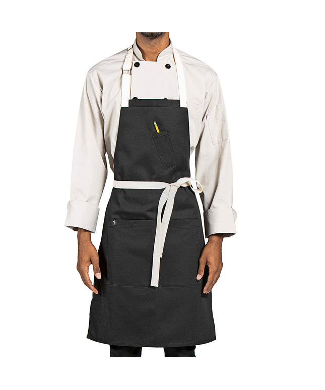 Tạp dề yếm vải poly-cotton có thể tùy chỉnh Uncommon Chef 3127 Avalanche đen, dây viền tự nhiên và 3 túi