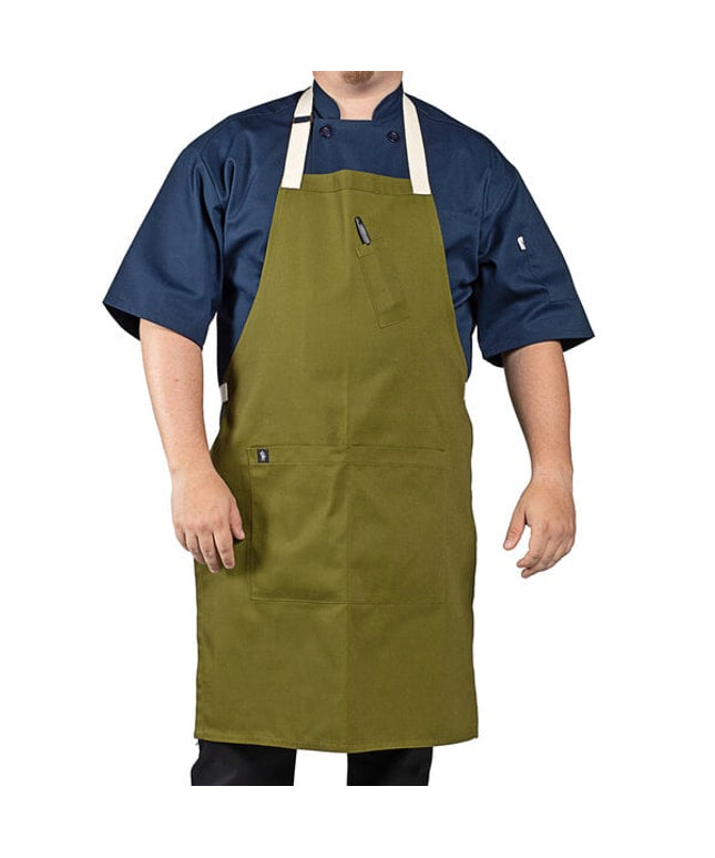 Tạp dề yếm vải poly-cotton có thể tùy chỉnh Uncommon Chef 3127 Avalanche xanh rêu, dây viền tự nhiên và 3 túi