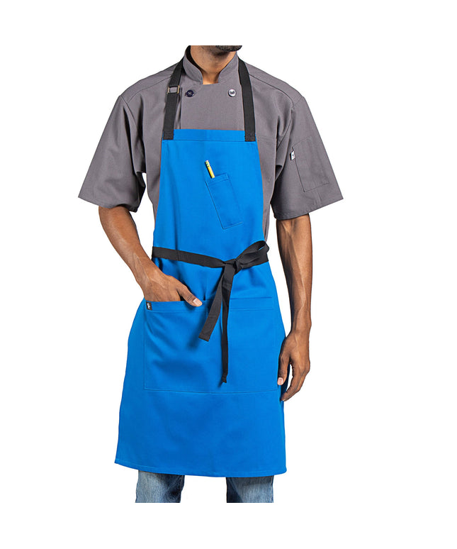 Tạp dề yếm vải poly-cotton có thể tùy chỉnh Uncommon Chef 3128 Surge xanh dương, dây viền đen và 3 túi