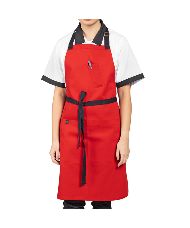 Tạp dề yếm vải poly-cotton có thể tùy chỉnh Uncommon Chef 3128 Surge đỏ táo, dây viền đen và 3 túi