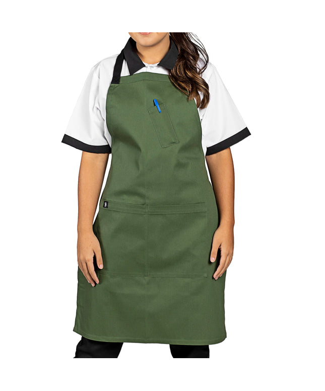 Tạp dề yếm vải poly-cotton có thể tùy chỉnh Uncommon Chef 3128 Surge xanh lá biển, dây viền đen và 3 túi