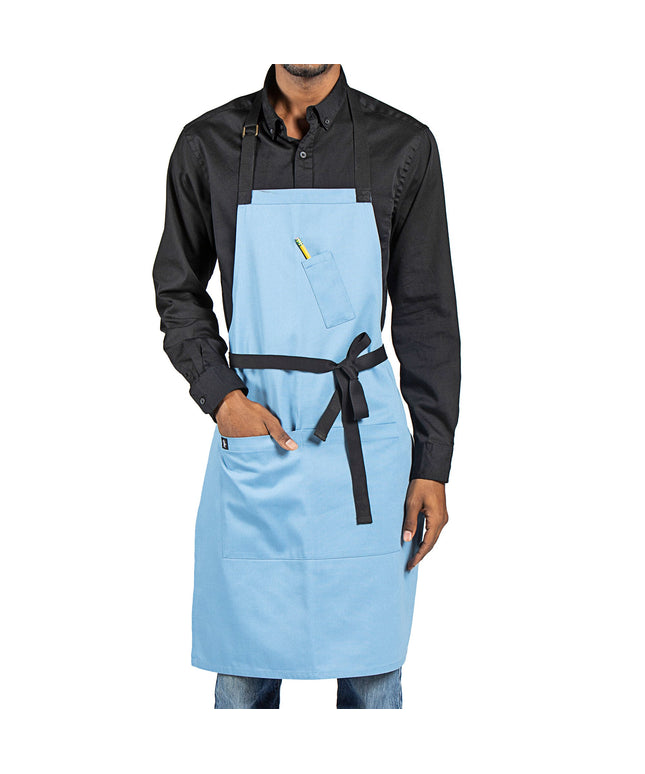 Tạp dề yếm vải poly-cotton có thể tùy chỉnh Uncommon Chef 3128 Surge xanh xám, dây viền đen và 3 túi