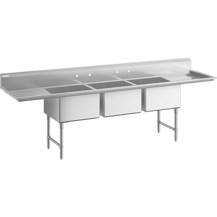 Bồn rửa thương mại Regency 315 cm 3 khoang chân thép không gỉ có giằng chéo và hai mặt ráo 61 cm