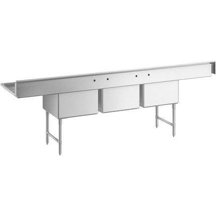 Bồn rửa thương mại Regency 315 cm 3 khoang chân thép không gỉ có giằng chéo và hai mặt ráo 61 cm
