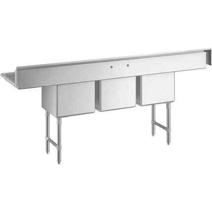 Bồn rửa thương mại ba khoang Regency 239 cm kèm chân inox, thanh giằng chéo, hai bàn ráo 46 cm và lòng 46 x 46 x 36 cm