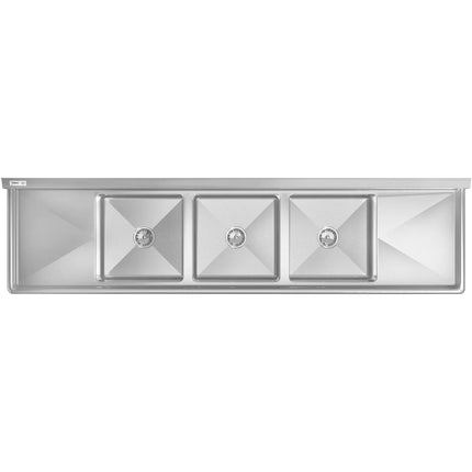 Bồn rửa thương mại ba khoang Regency 239 cm kèm chân inox, thanh giằng chéo, hai bàn ráo 46 cm và lòng 46 x 46 x 36 cm