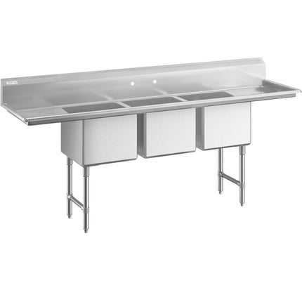 Bồn rửa thương mại ba khoang Regency 239 cm kèm chân inox, thanh giằng chéo, hai bàn ráo 46 cm và lòng 46 x 46 x 36 cm