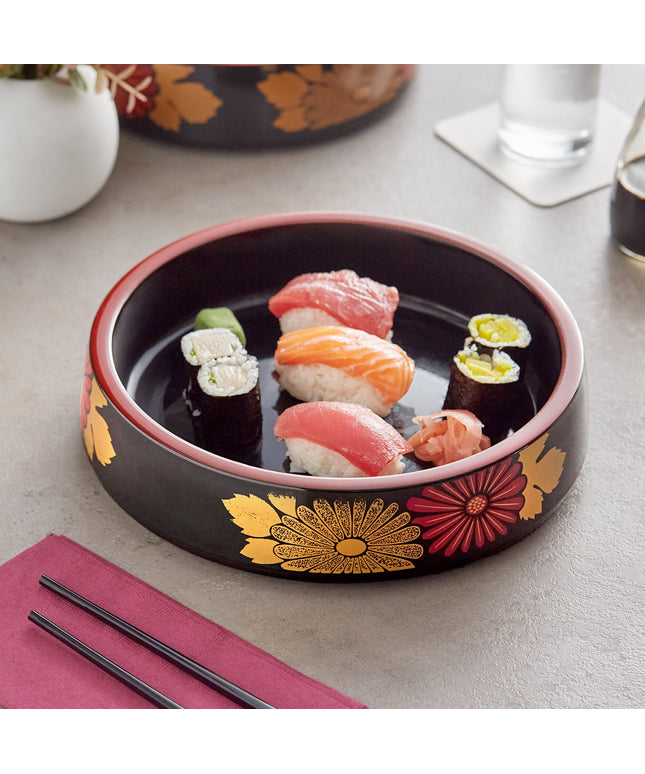 Khay sushi decal hoa đen viền đỏ Emperor's Select 24 cm