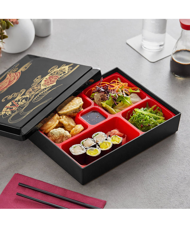 Hộp bento 5 ngăn Emperor's Select 27 x 20 cm màu đen kèm khay đỏ tháo rời và nắp