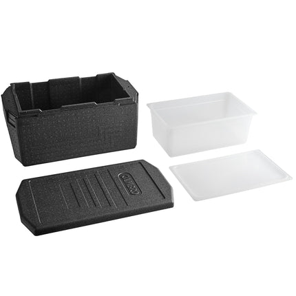 Thùng giữ nhiệt EPP nạp trên tay cầm lớn Cambro Cam GoBox full-size sâu 20 cm kèm khay trong mờ và nắp đậy