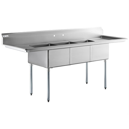 Bồn rửa công nghiệp ba ngăn thép không gỉ Steelton 229 cm kèm hai mặt ráo 46 cm