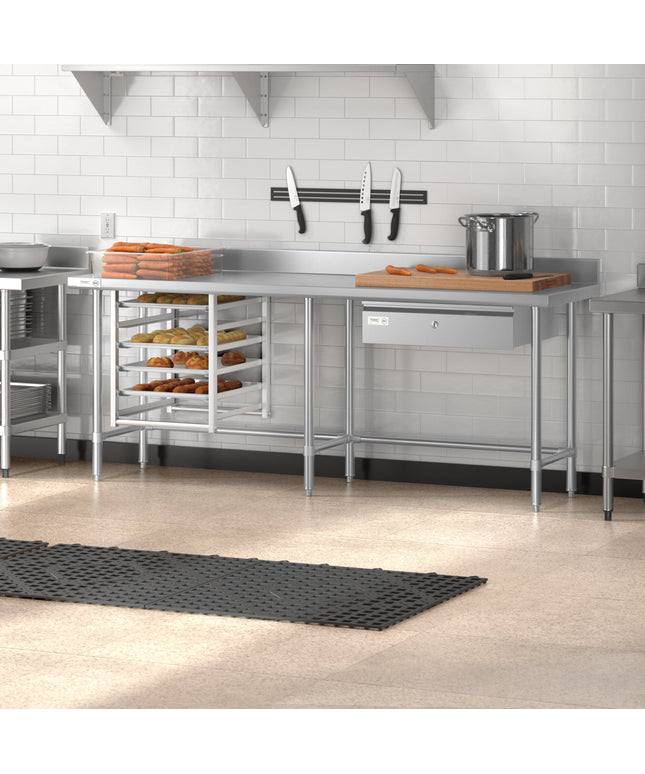 Bàn thao tác inox chân hở 304 gauge 14 tấm chắn sau 10 cm Regency Spec Line Easy Attach 61 x 213 cm