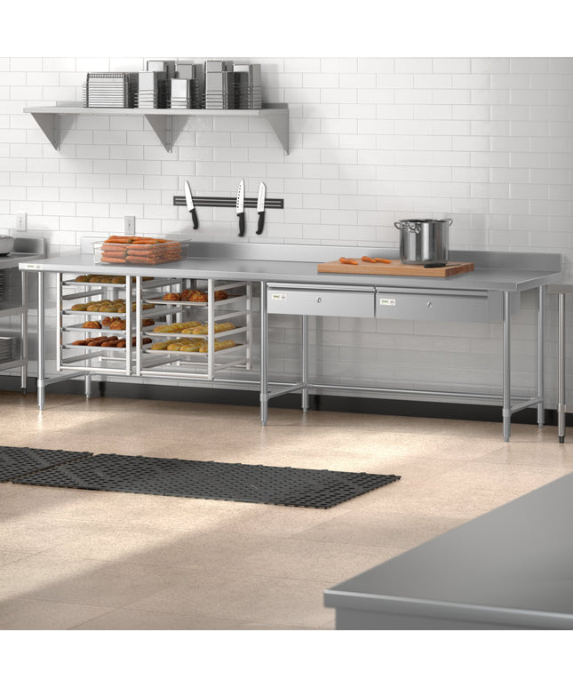 Bàn thao tác đáy hở thép không gỉ Regency Spec Line Easy Attach 76 x 305 cm dày 14-gauge, có thành chắn sau 10 cm