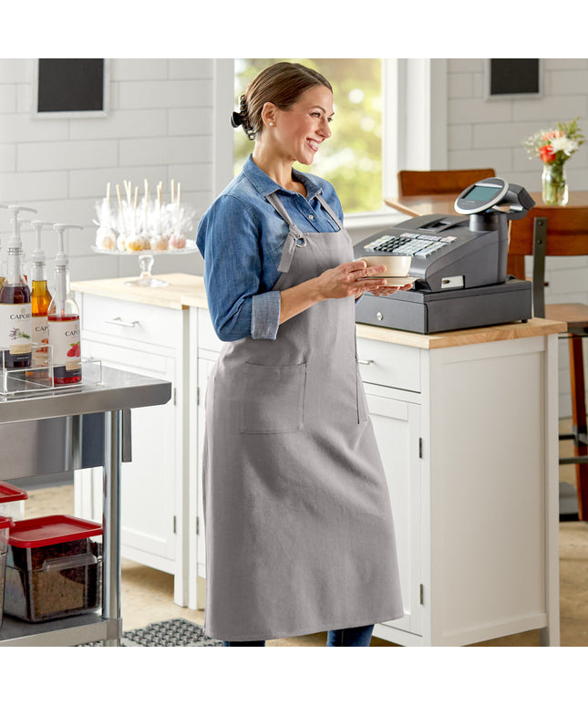 Tạp dề yếm 3 túi vải lanh điều chỉnh màu xám thép Acopa Ashville 86,4 x 76,2 cm