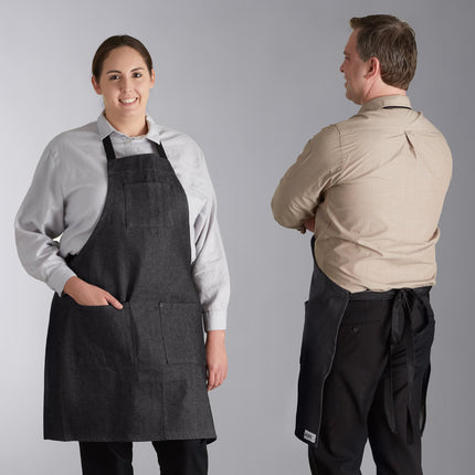 Tạp dề yếm vải denim điều chỉnh được Acopa Kennett đen, 3 túi và dây viền đen