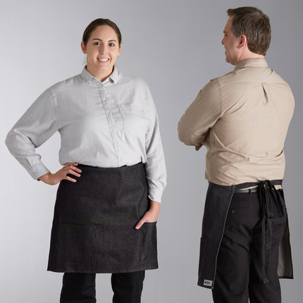 Tạp dề bistro nửa thân vải denim Acopa Kennett đen, 2 túi và dây viền đen