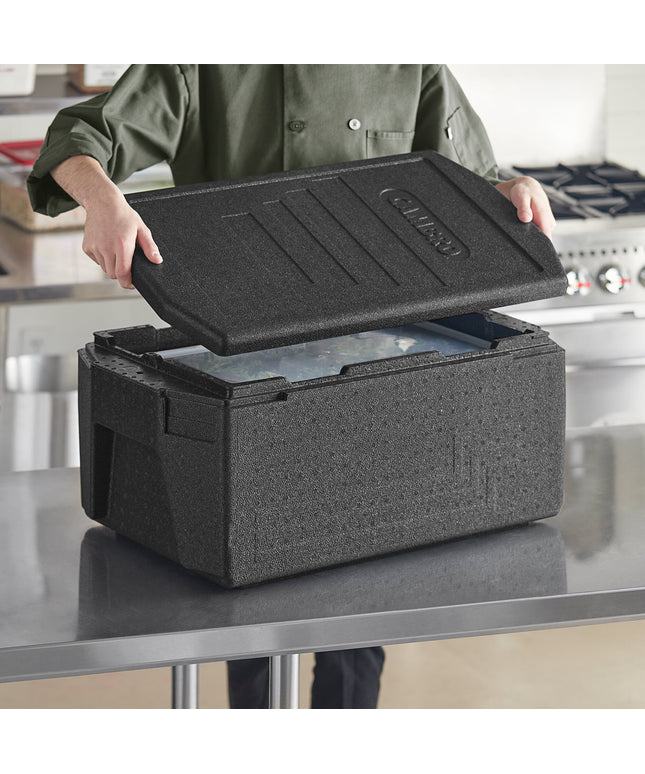 Thùng giữ nhiệt EPP nạp trên tay cầm lớn Cambro Cam GoBox full-size sâu 20 cm kèm khay trong mờ và nắp đậy