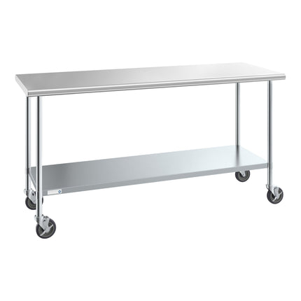 Bàn thao tác thép không gỉ 430 18 gauge có kệ dưới và bánh xe Steelton 76 x 183 cm
