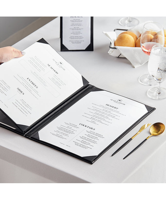 Bìa thực đơn vinyl 4 trang Acopa Prime 22 x 36 cm màu đen tùy chỉnh