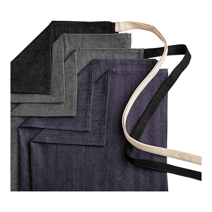 Tạp dề bistro nửa thân vải denim Acopa Kennett xanh dương, 2 túi và dây viền đen
