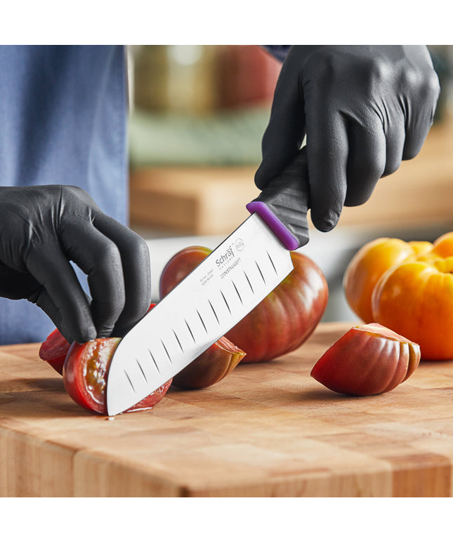 Dao bếp Santoku Schraf 18 cm lưỡi Granton cán TPRgrip tím không gây dị ứng