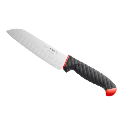 Dao Santoku lưỡi Granton Schraf 18 cm tay cầm TPRgrip màu đỏ